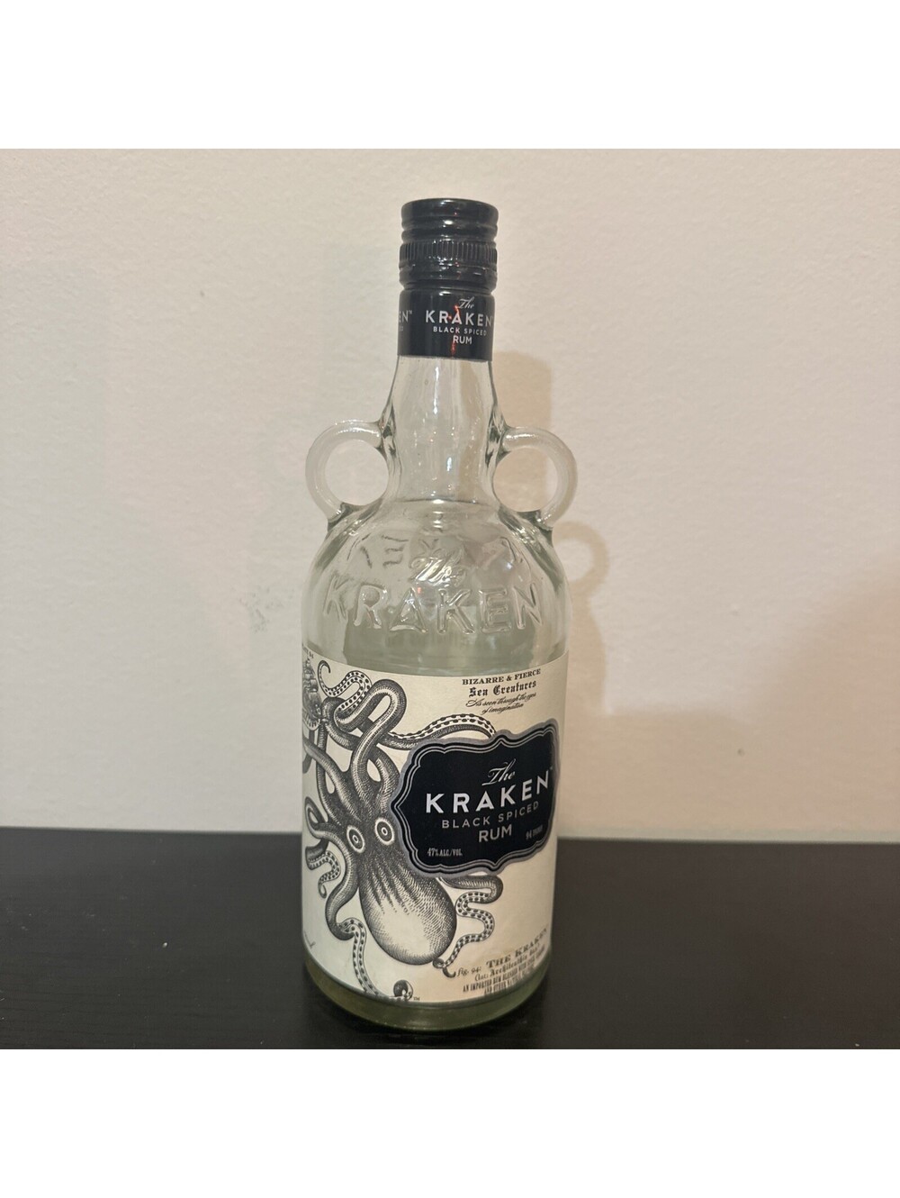 THE KRAKEN BLACK SPICED RUM, EMPTY 750 ml BOTTLE RAISED LETTERING